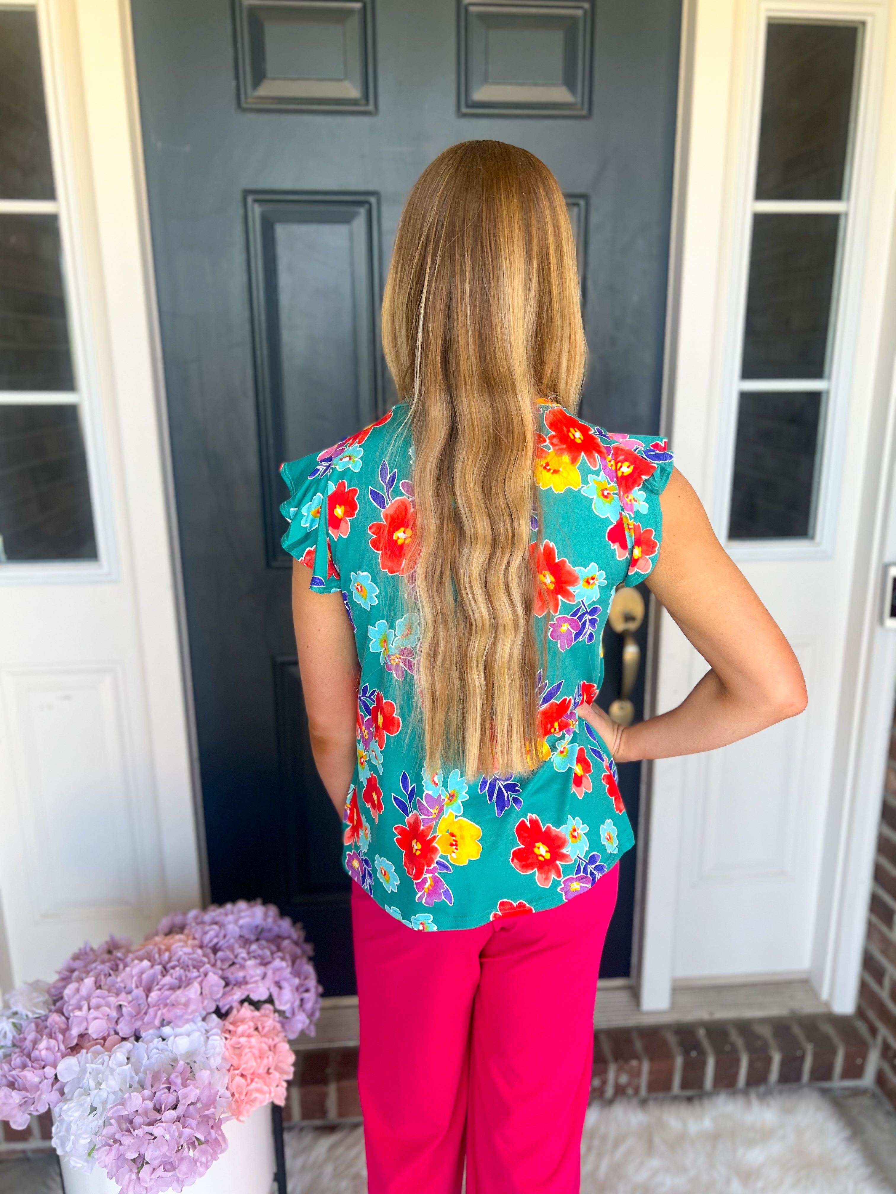 Teal Floral Ruffle Sleeve Top