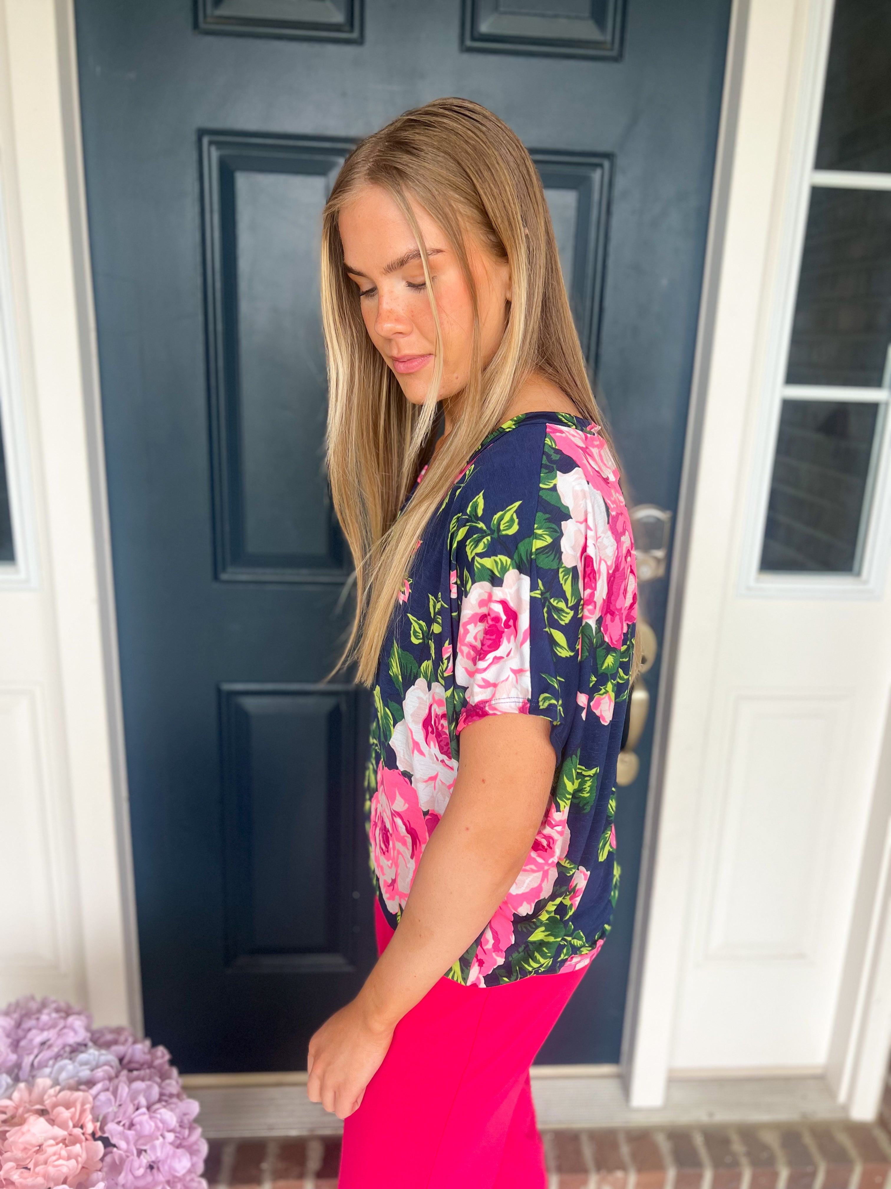 Navy Floral Dolman Sleeve Top