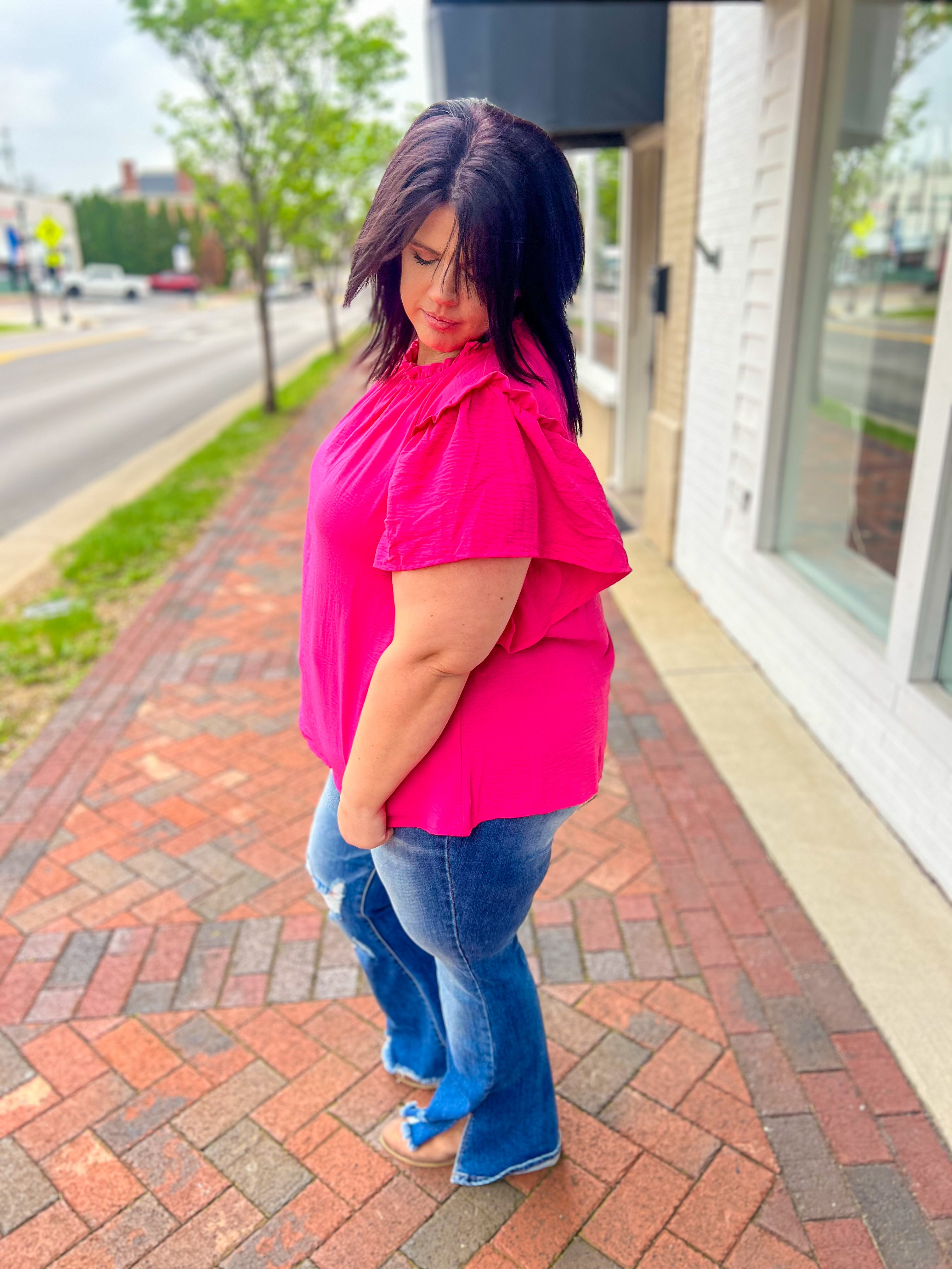 Serena Flutter Sleeve Blouse - Hot Pink