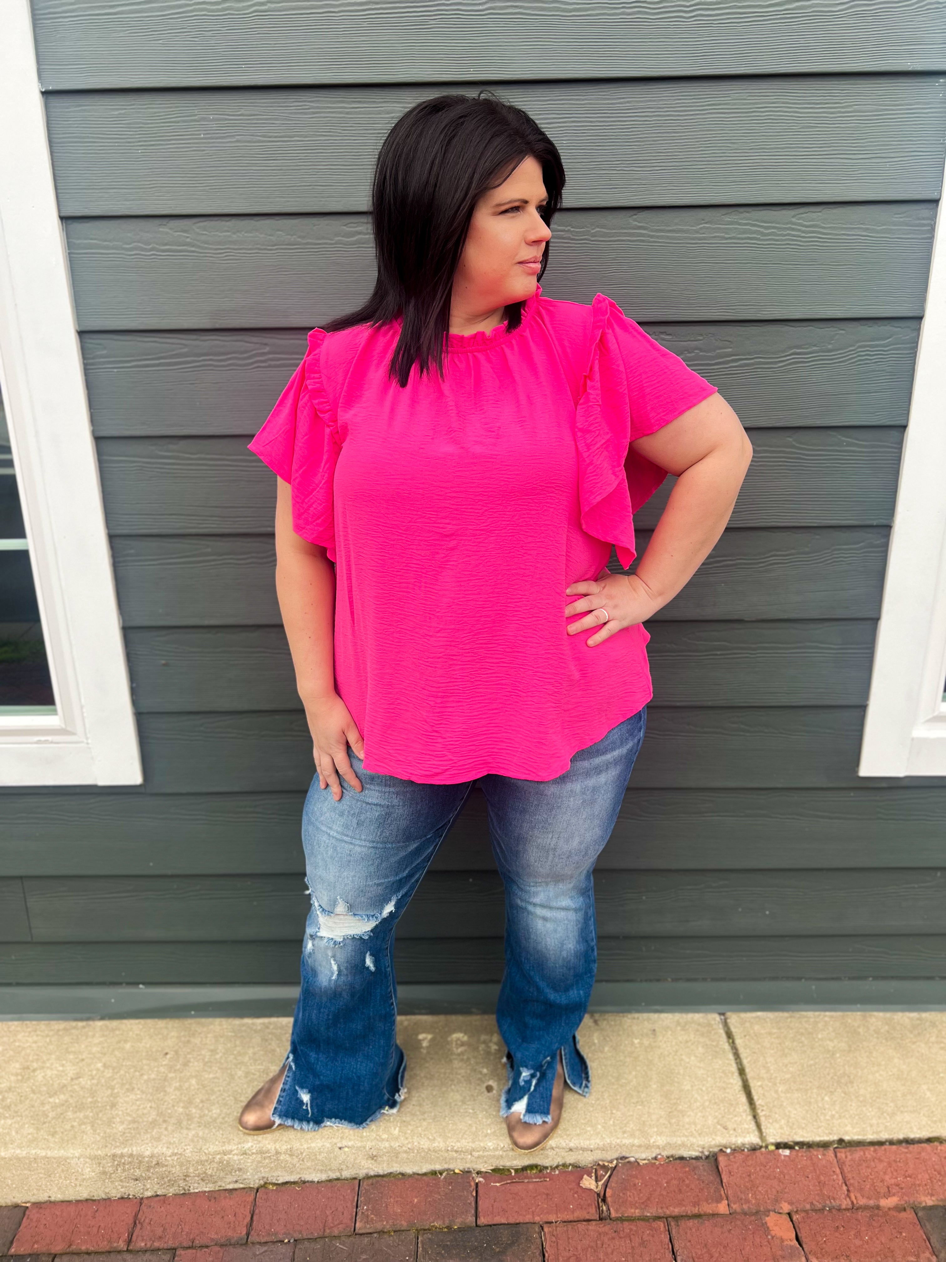 Serena Flutter Sleeve Blouse - Hot Pink