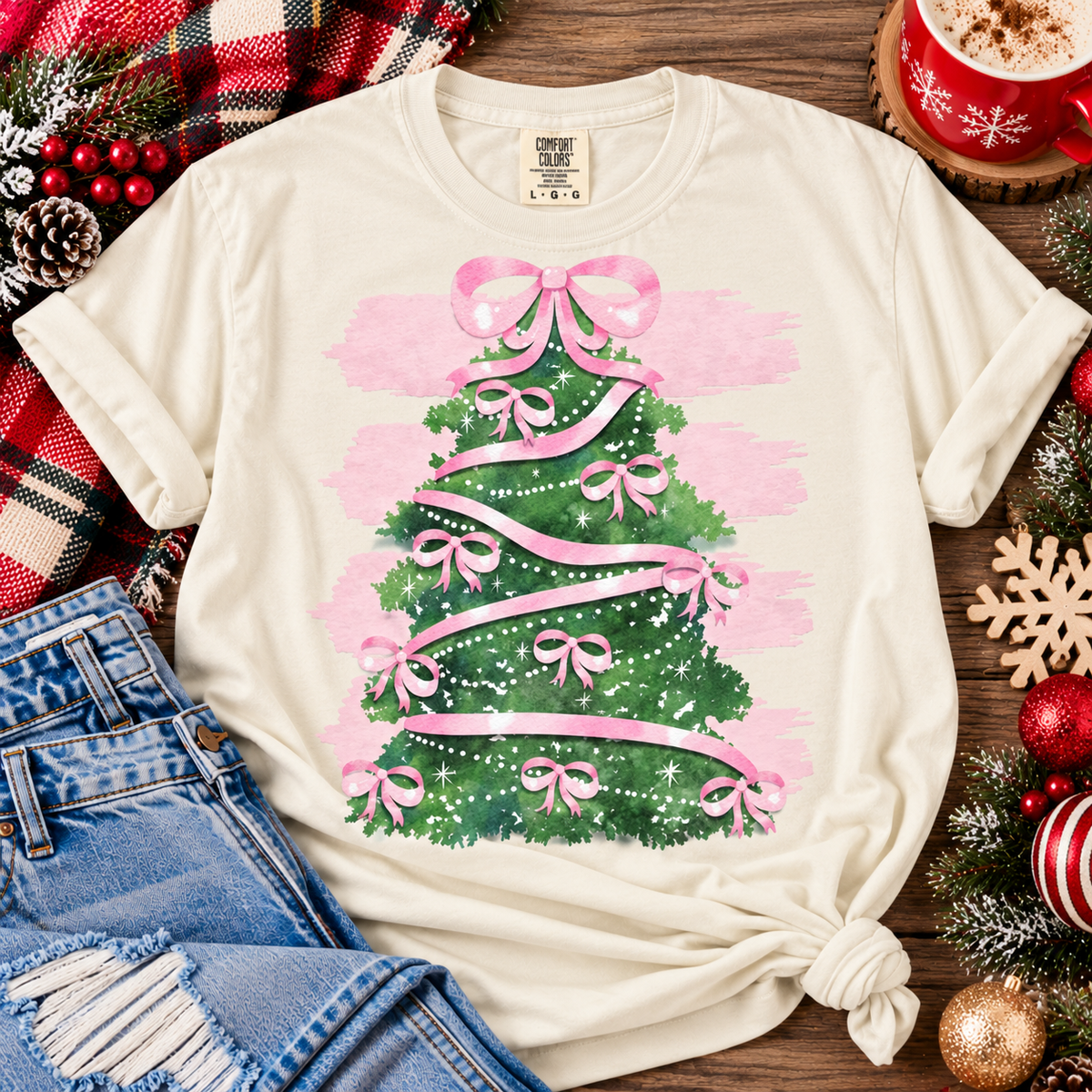 Pink Bow Christmas Tree Tee