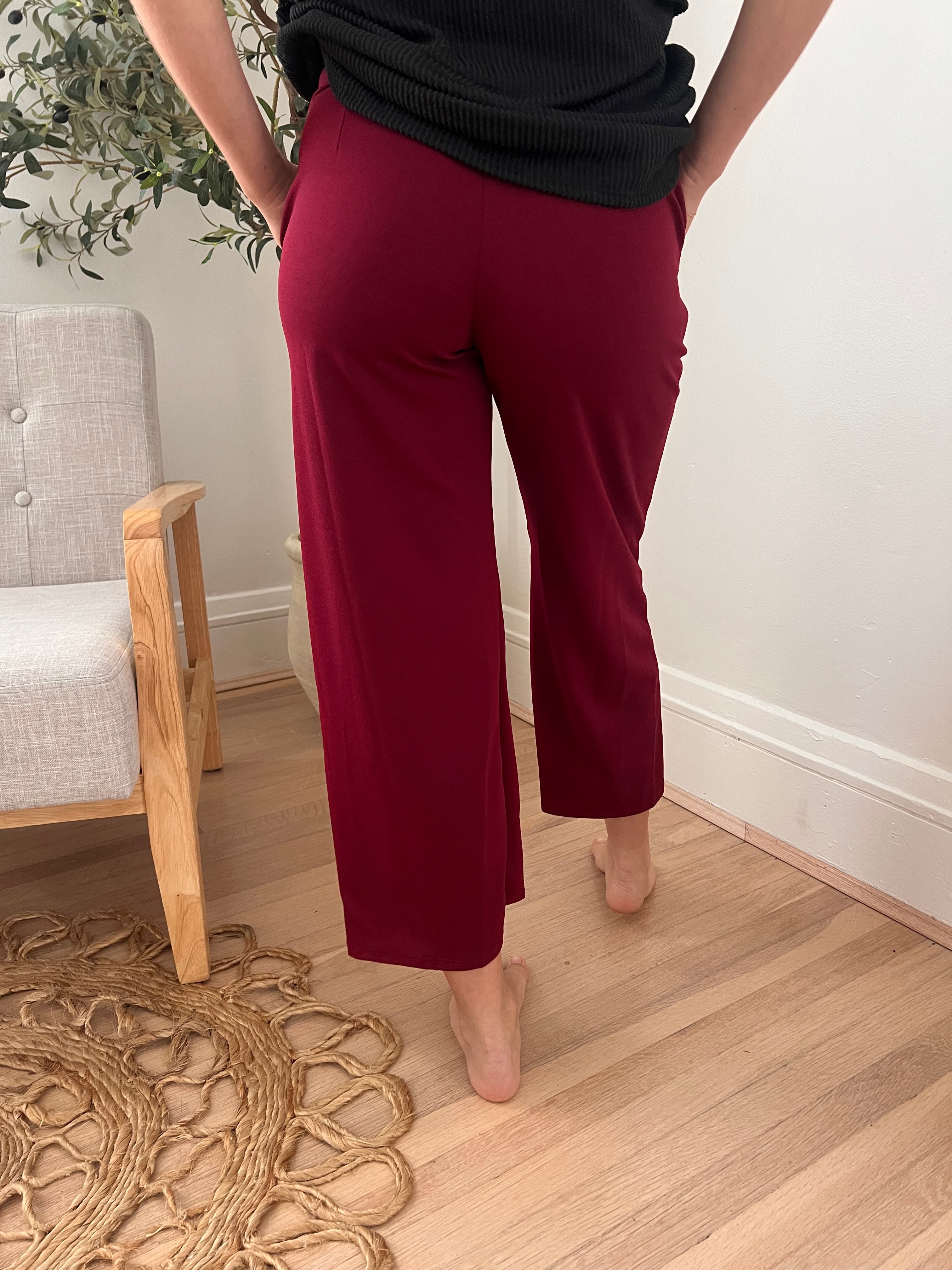 Lucy Wide Leg Stretchy Crop Pants - Burgundy