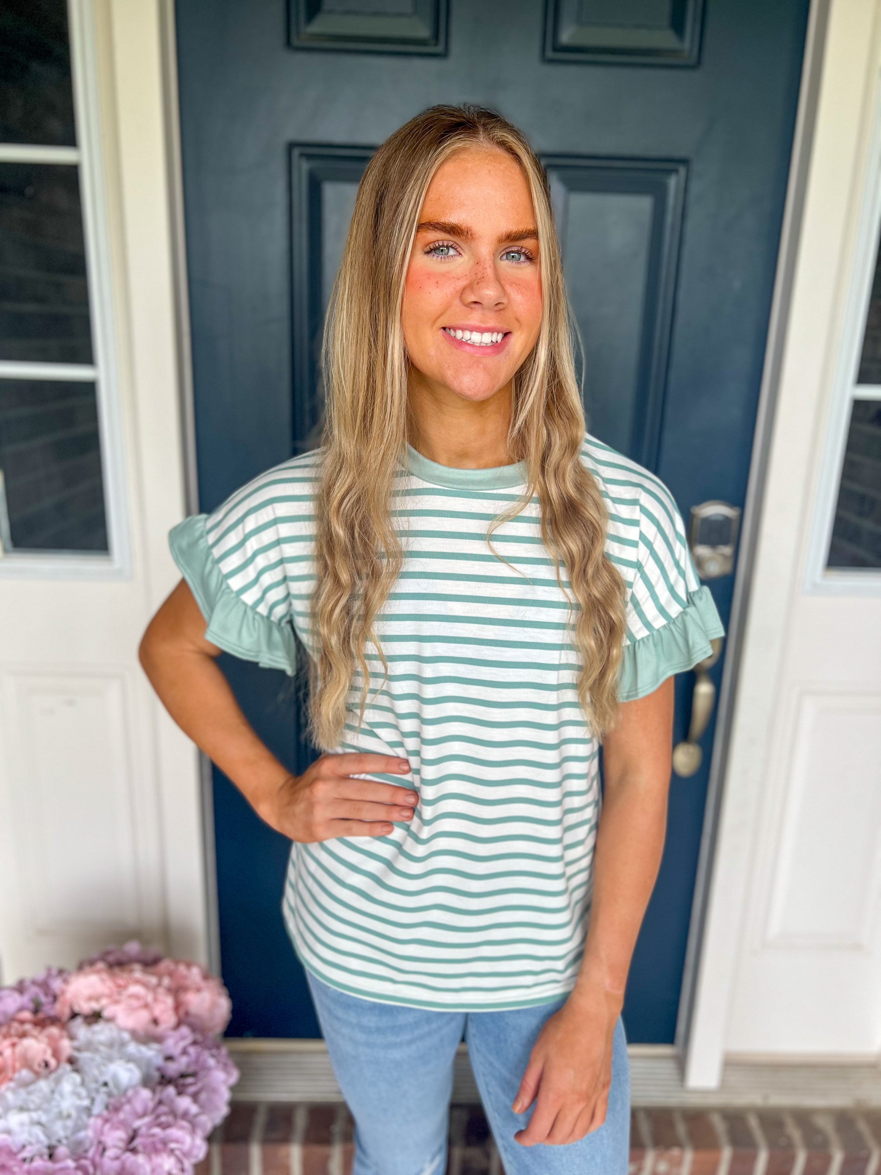 Aubrey Striped Ruffle Sleeve Top - Mint