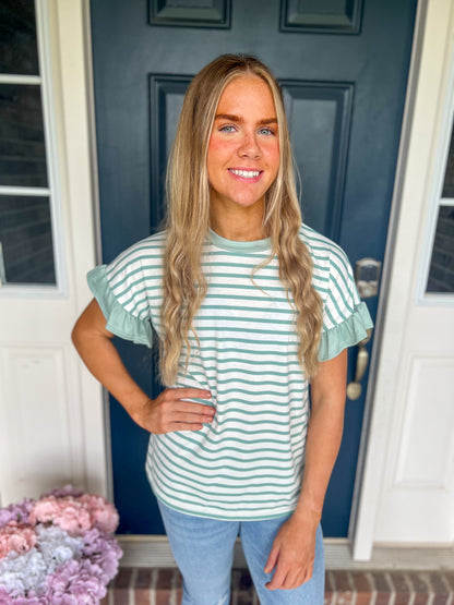 Aubrey Striped Ruffle Sleeve Top - Mint
