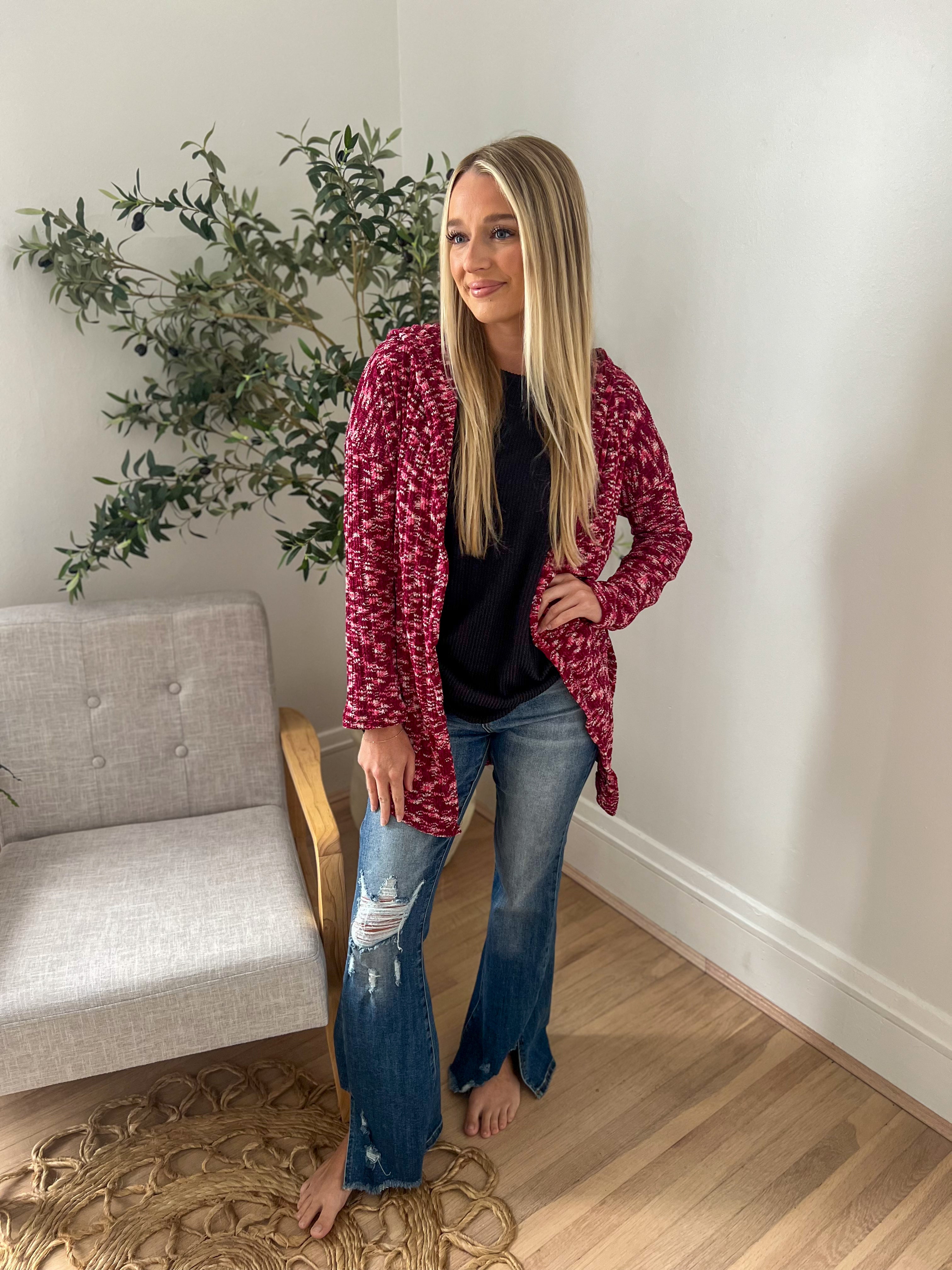 Cozy Hooded Open Front Cardigan - Burgundy