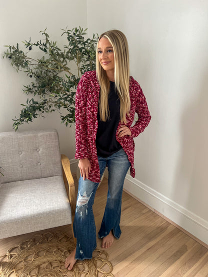 Cozy Hooded Open Front Cardigan - Burgundy
