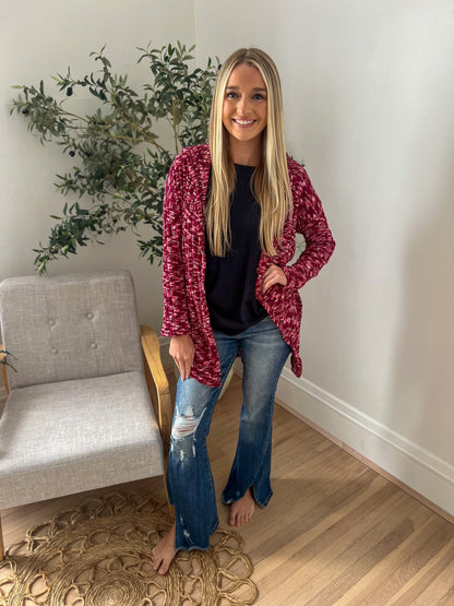 Cozy Hooded Open Front Cardigan - Burgundy
