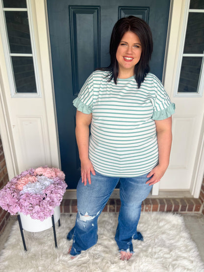Aubrey Striped Ruffle Sleeve Top - Mint