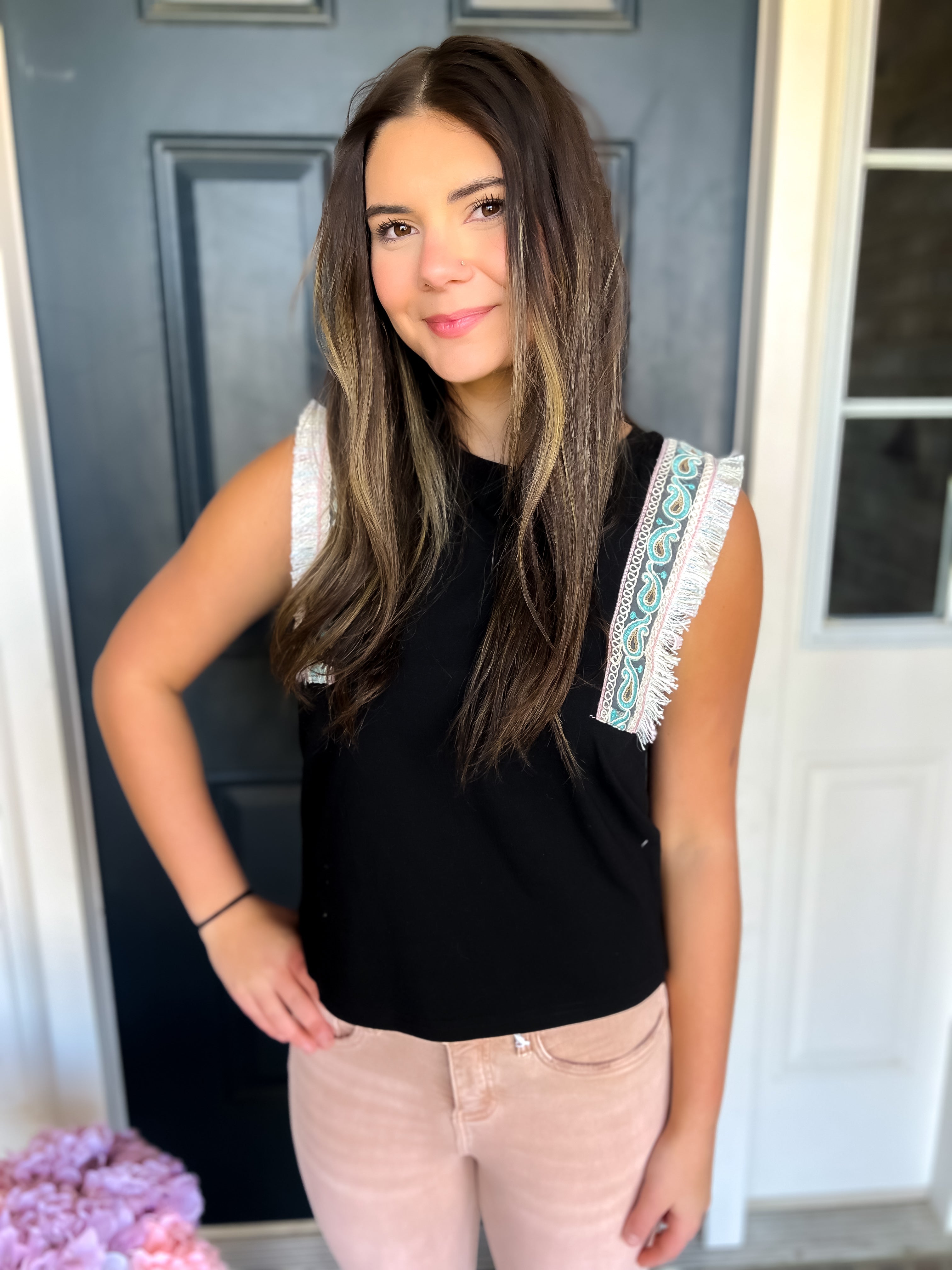 Shay Black Fringed Sleeveless Top