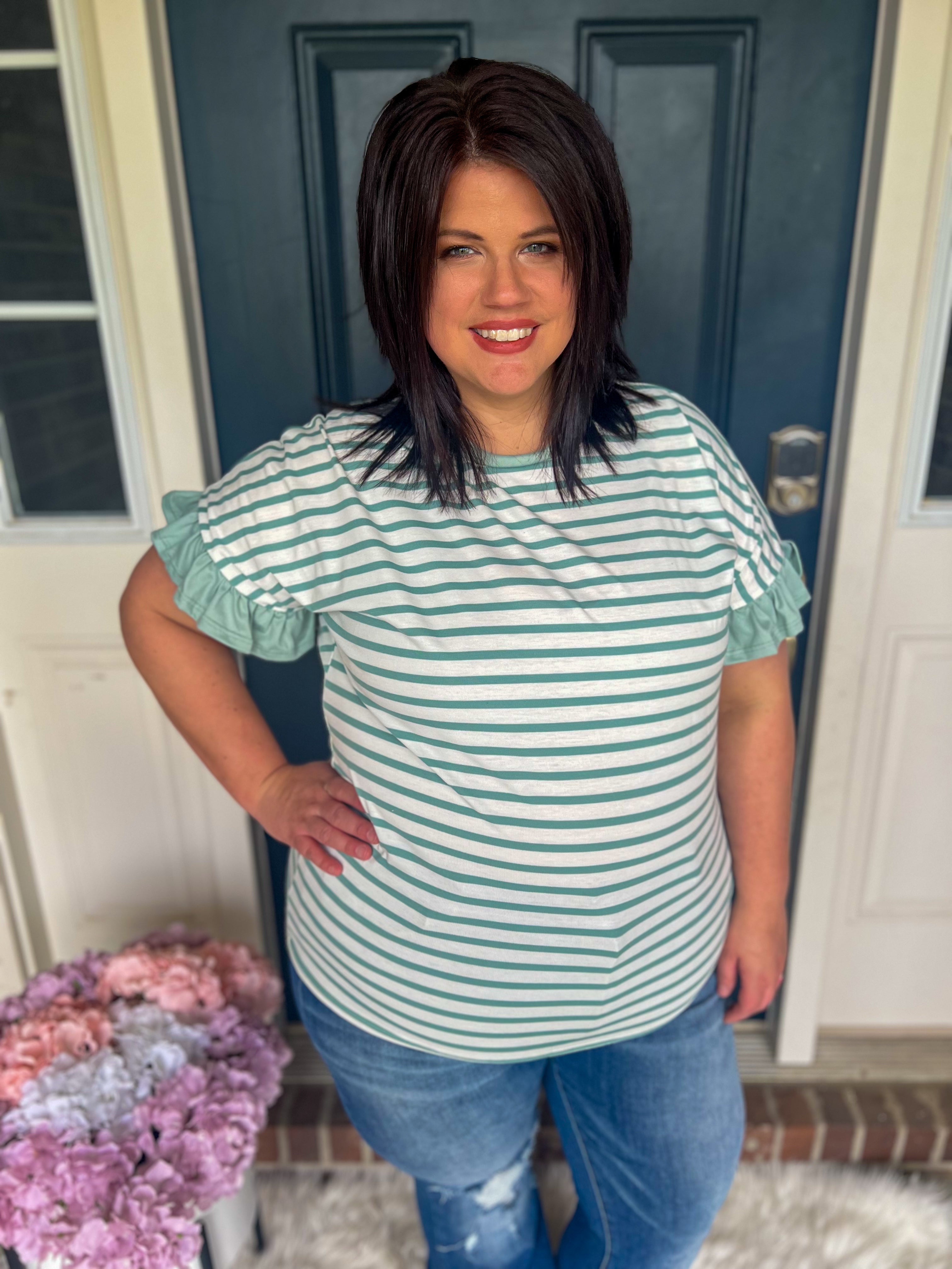 Aubrey Striped Ruffle Sleeve Top - Mint