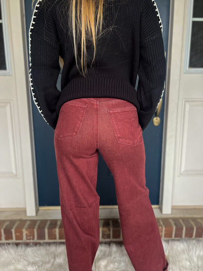 Judy Blue High - Waist Burgundy Retro Wide Jeans