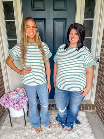 Aubrey Striped Ruffle Sleeve Top - Mint