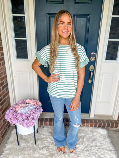 Aubrey Striped Ruffle Sleeve Top - Mint
