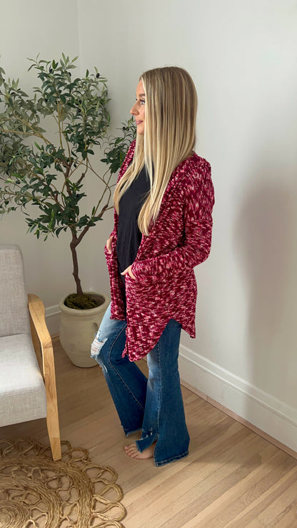 Cozy Hooded Open Front Cardigan - Burgundy