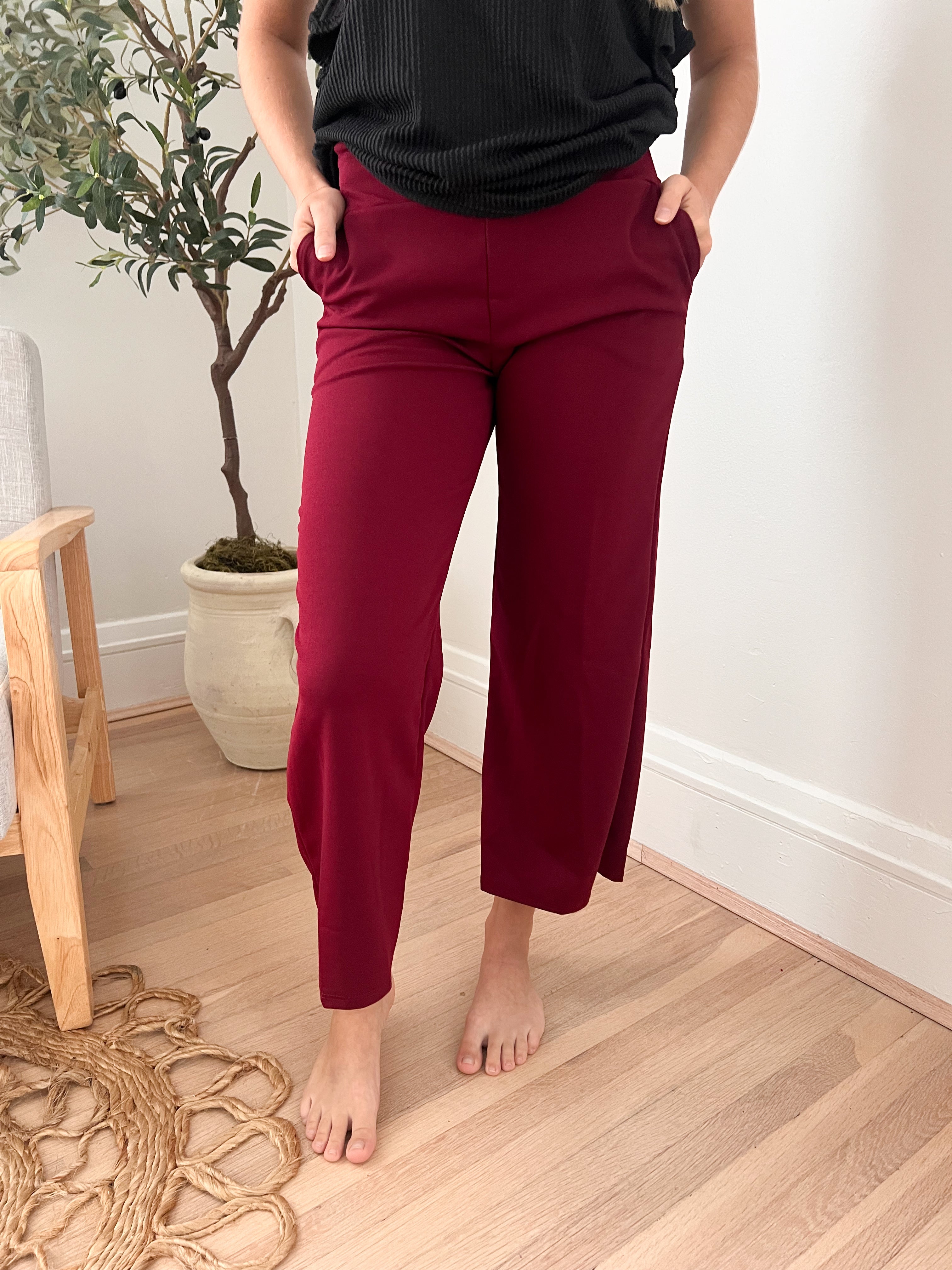 Lucy Wide Leg Stretchy Crop Pants - Burgundy