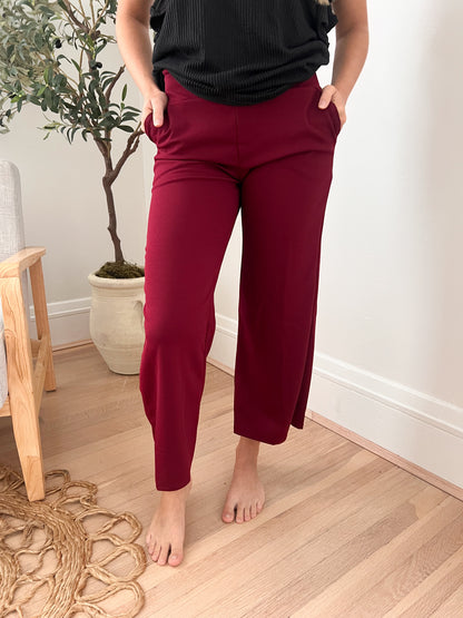 Lucy Wide Leg Stretchy Crop Pants - Burgundy