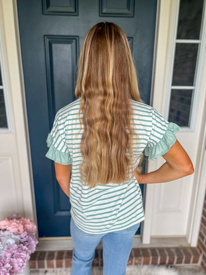 Aubrey Striped Ruffle Sleeve Top - Mint