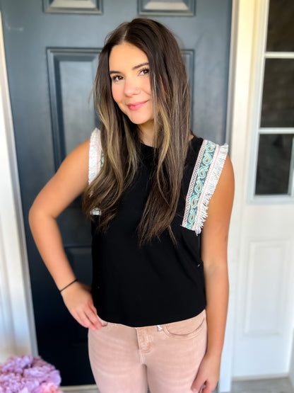 Shay Black Fringed Sleeveless Top