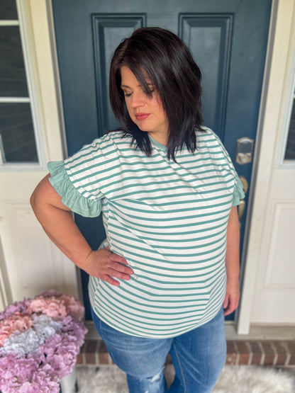 Aubrey Striped Ruffle Sleeve Top - Mint