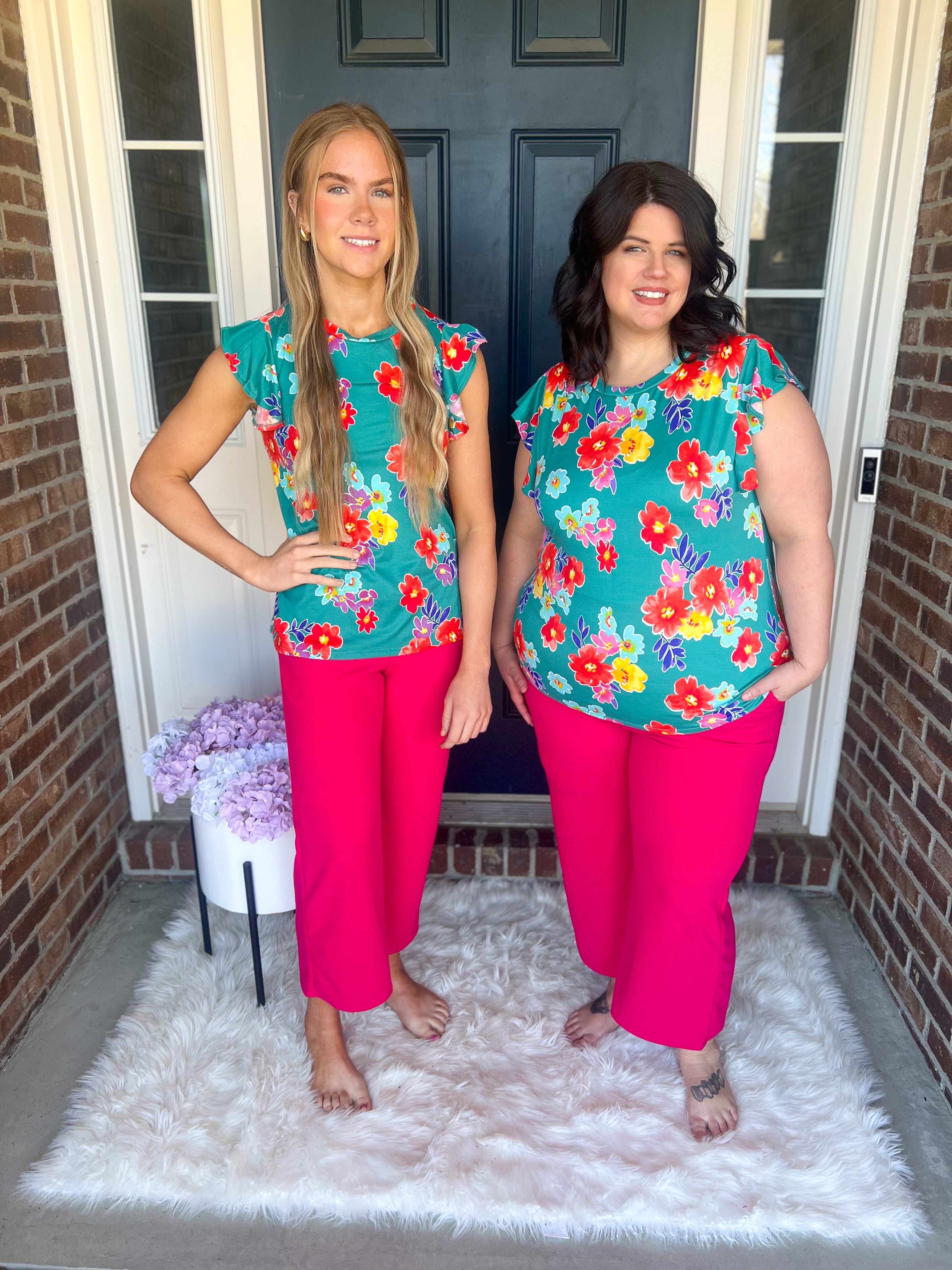Teal Floral Ruffle Sleeve Top