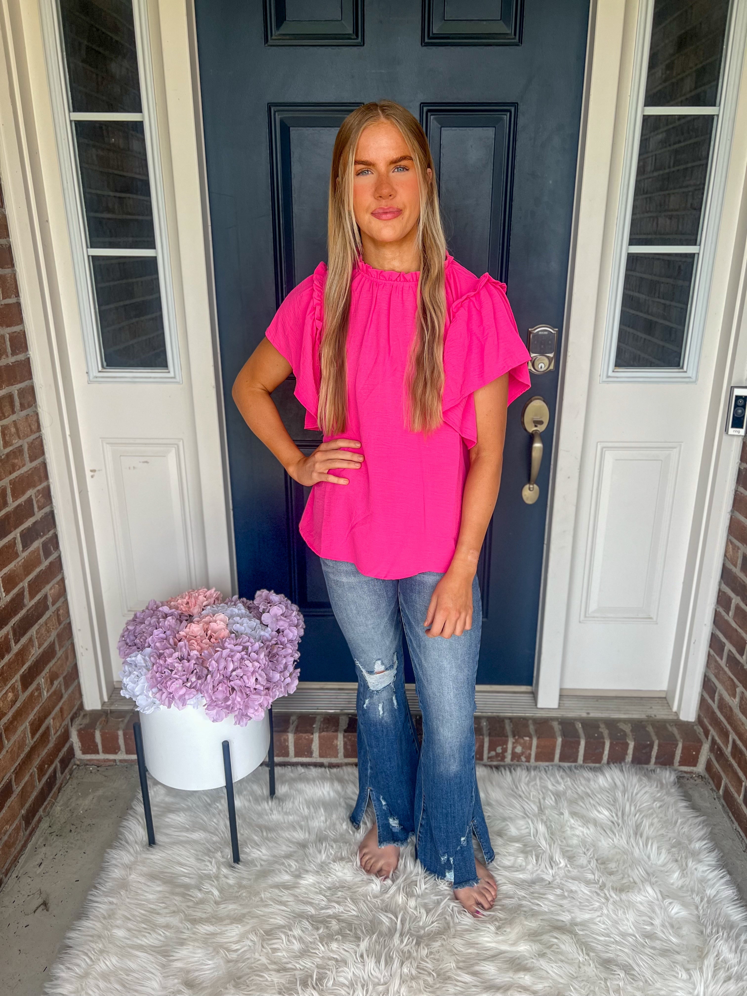 Serena Flutter Sleeve Blouse - Hot Pink