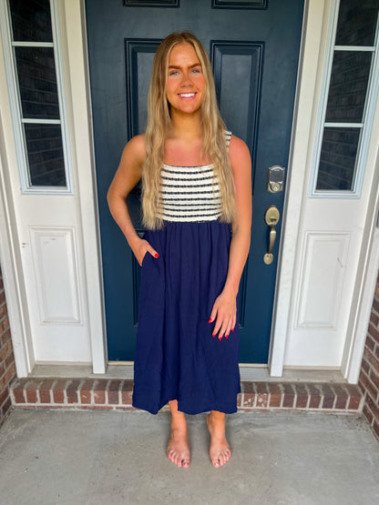 Navy Sleeveless Dress with Stripes