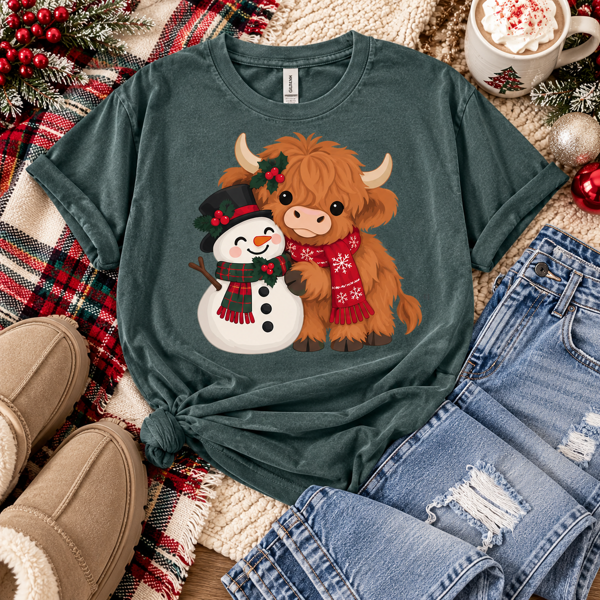 Christmas Highland Cow & Snowman Tee