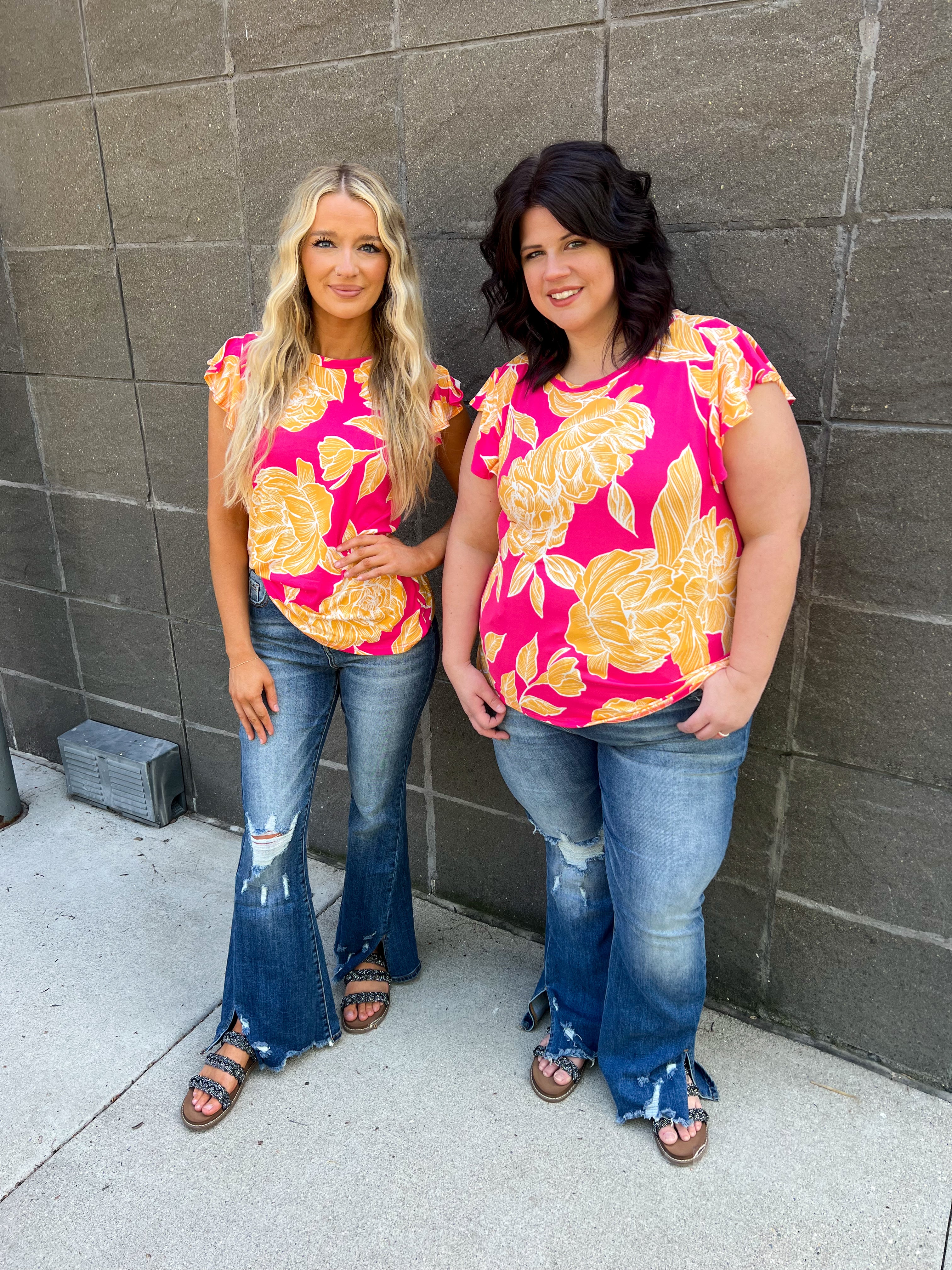 Pink and Yellow Floral Ruffle Sleeve Top