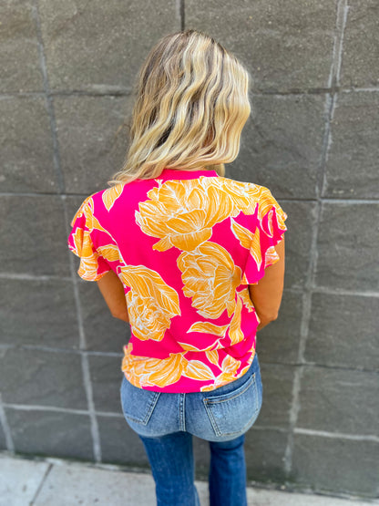 Pink and Yellow Floral Ruffle Sleeve Top