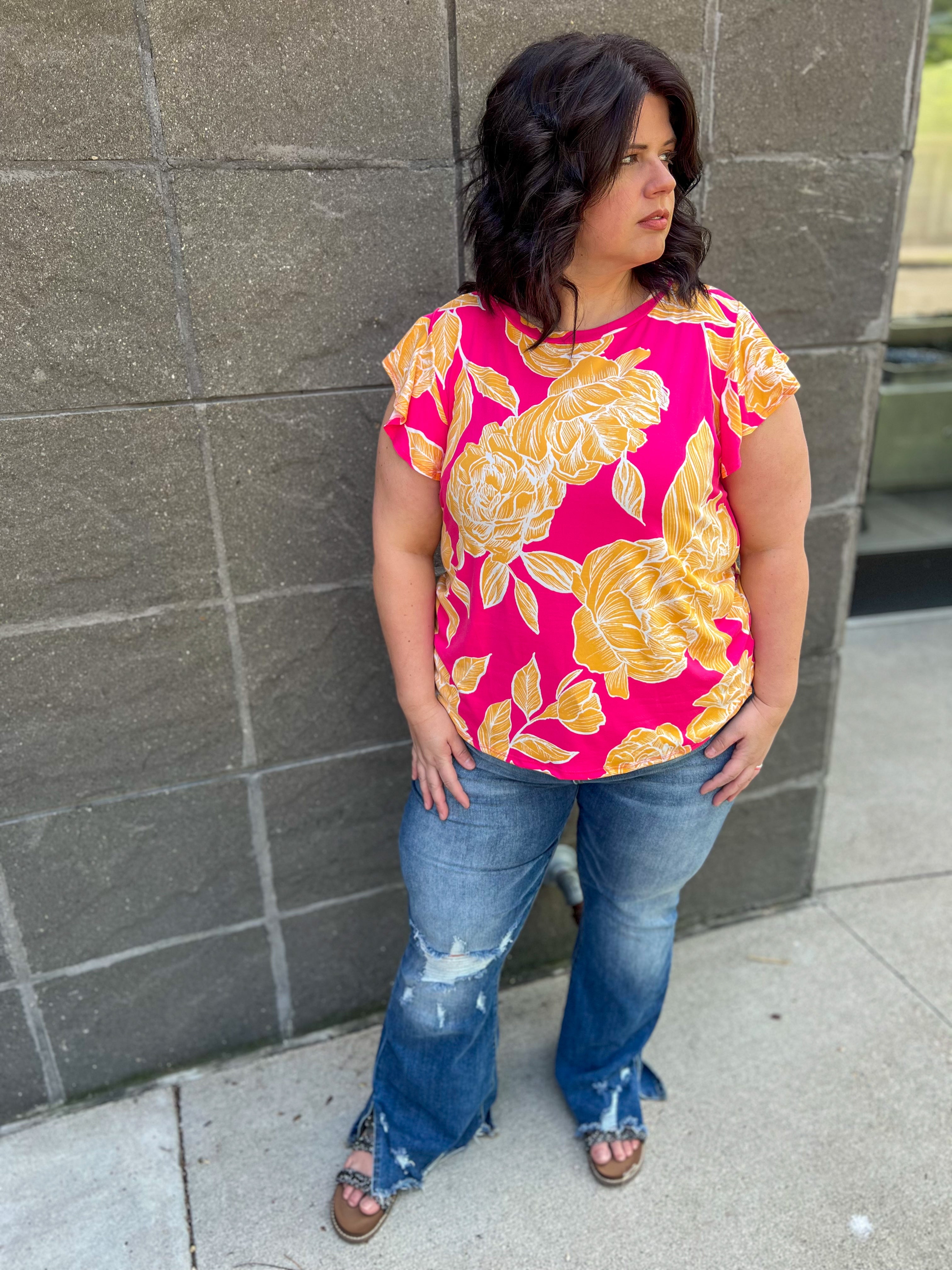 Pink and Yellow Floral Ruffle Sleeve Top