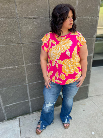 Pink and Yellow Floral Ruffle Sleeve Top