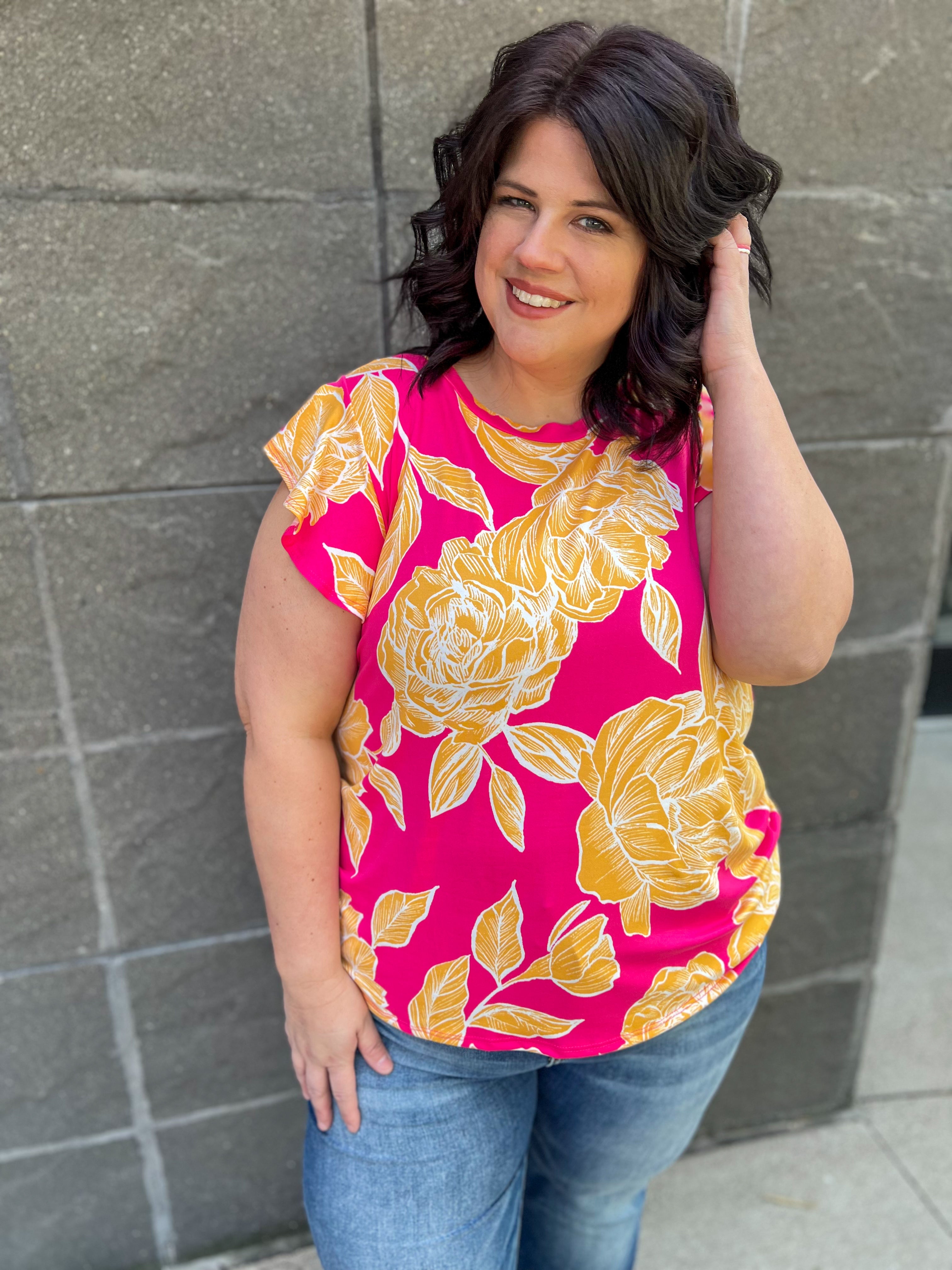 Pink and Yellow Floral Ruffle Sleeve Top