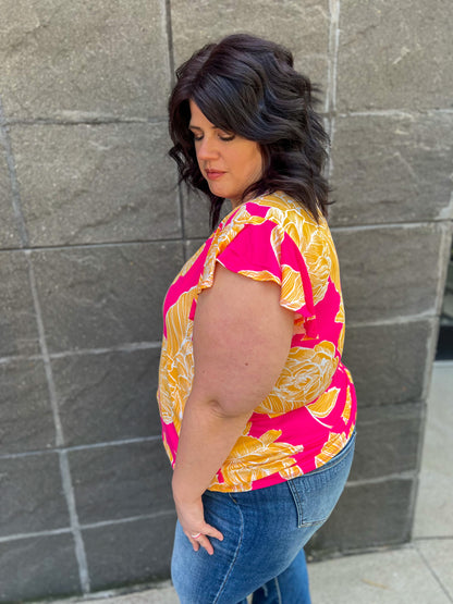 Pink and Yellow Floral Ruffle Sleeve Top