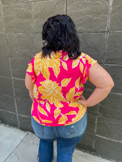Pink and Yellow Floral Ruffle Sleeve Top