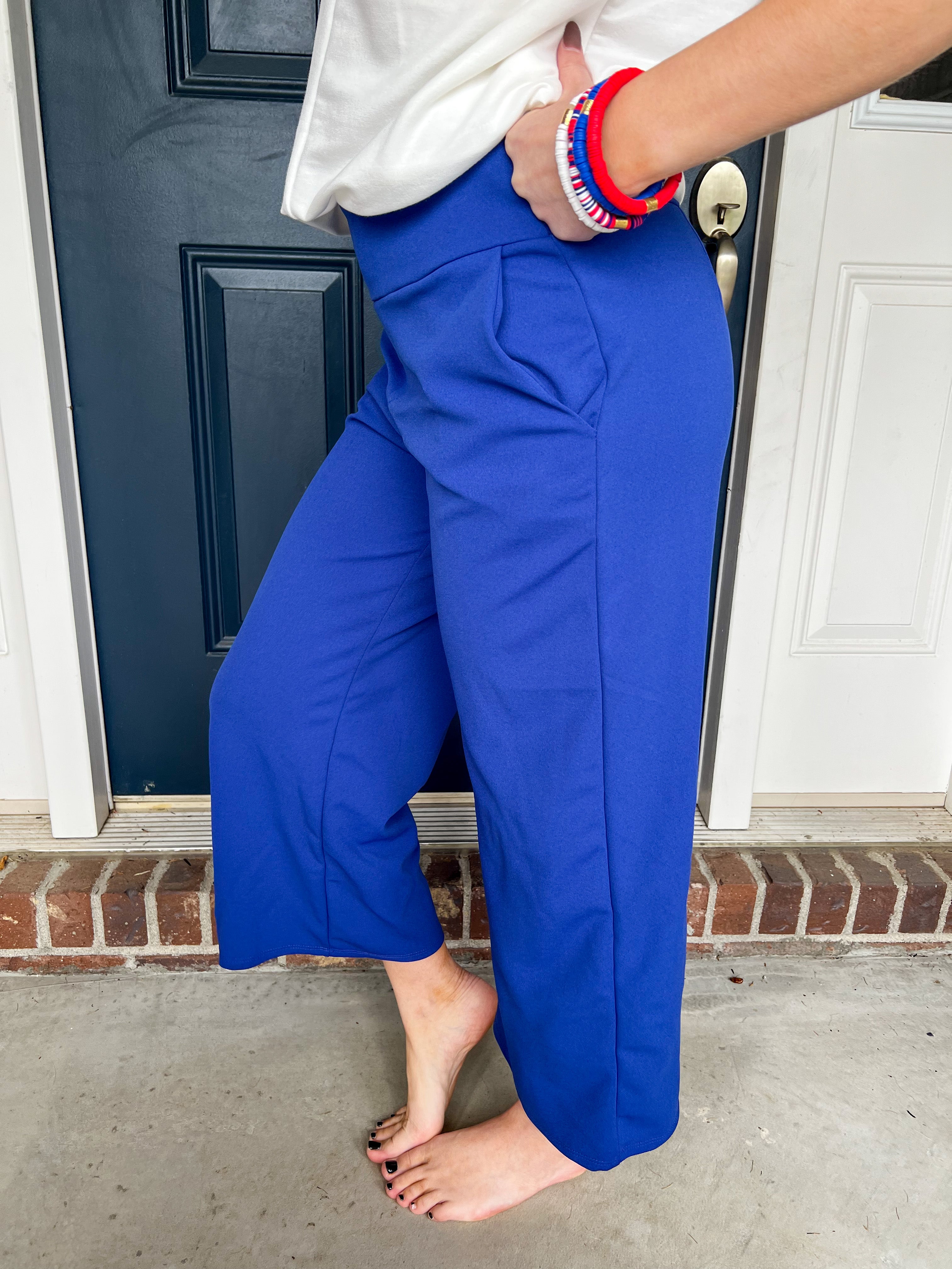 Lucy Wide Leg Stretchy Crop Pants - Royal Blue
