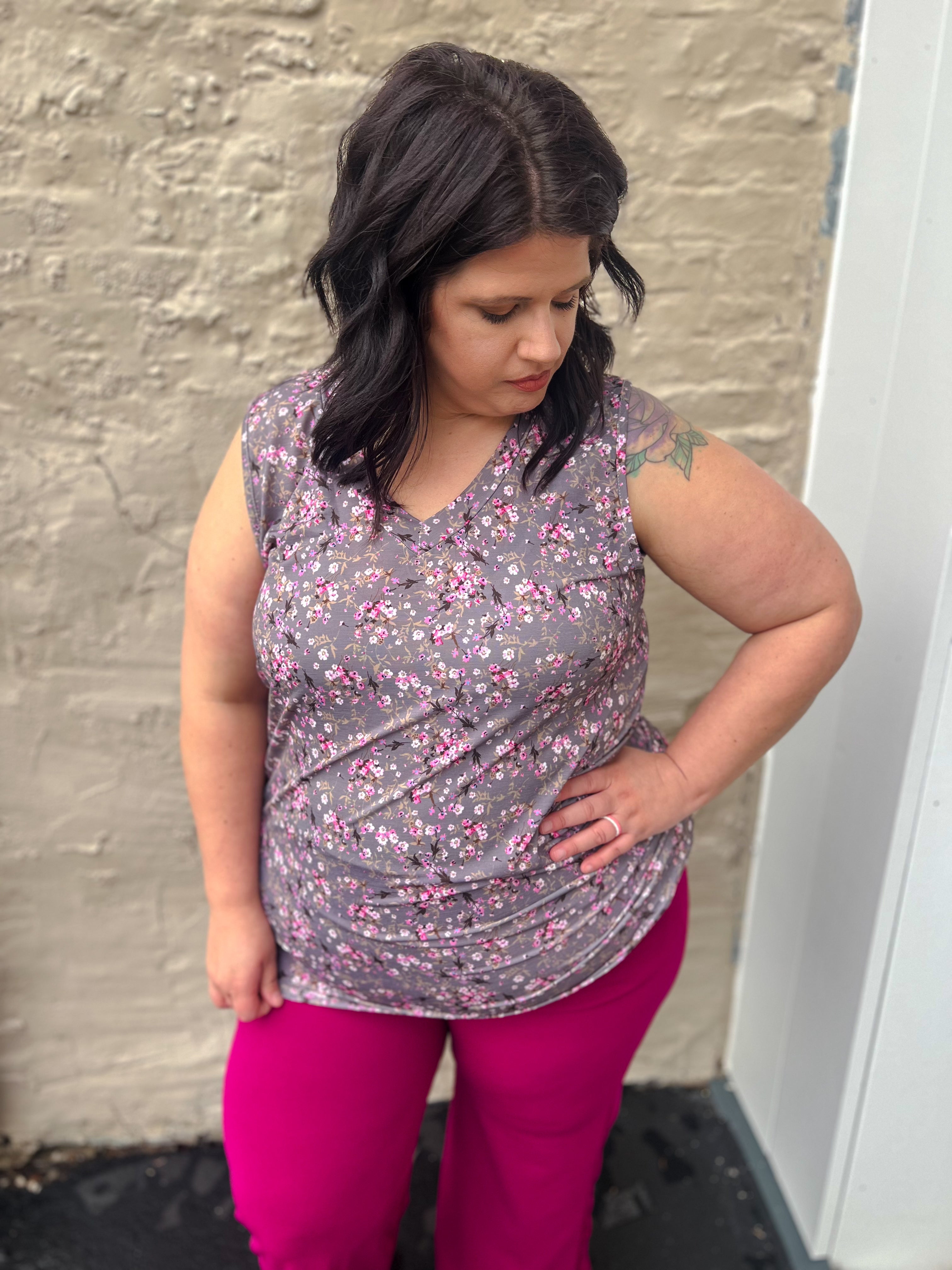 Charcoal Floral Sleeveless Top