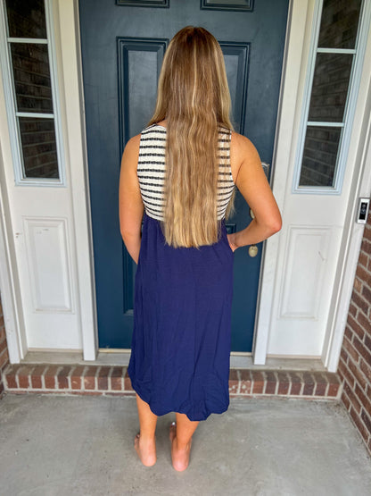 Navy Sleeveless Dress with Stripes