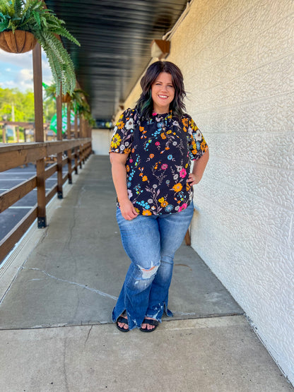 Serena Flutter Sleeve Blouse - Black Floral
