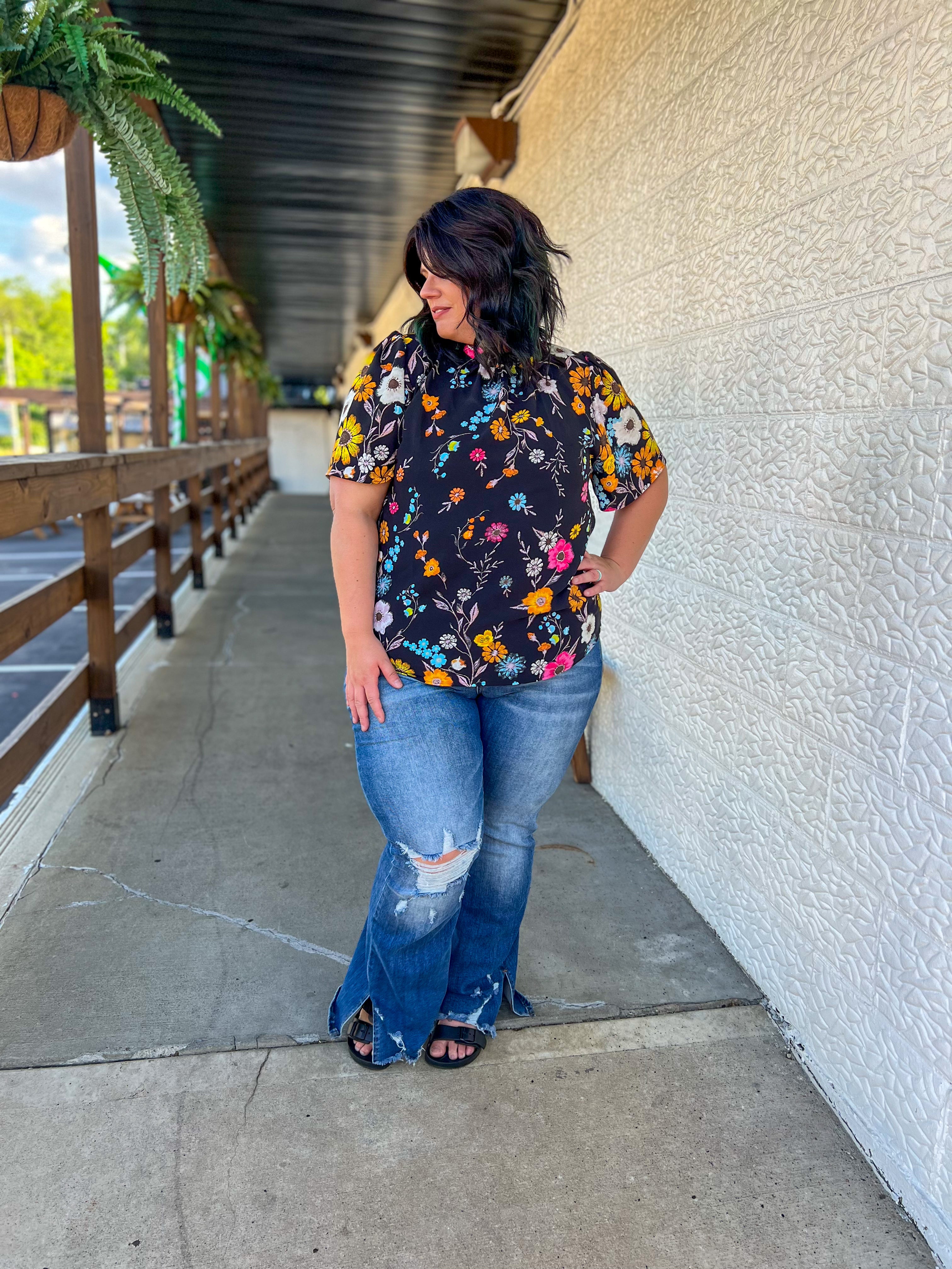 Serena Flutter Sleeve Blouse - Black Floral