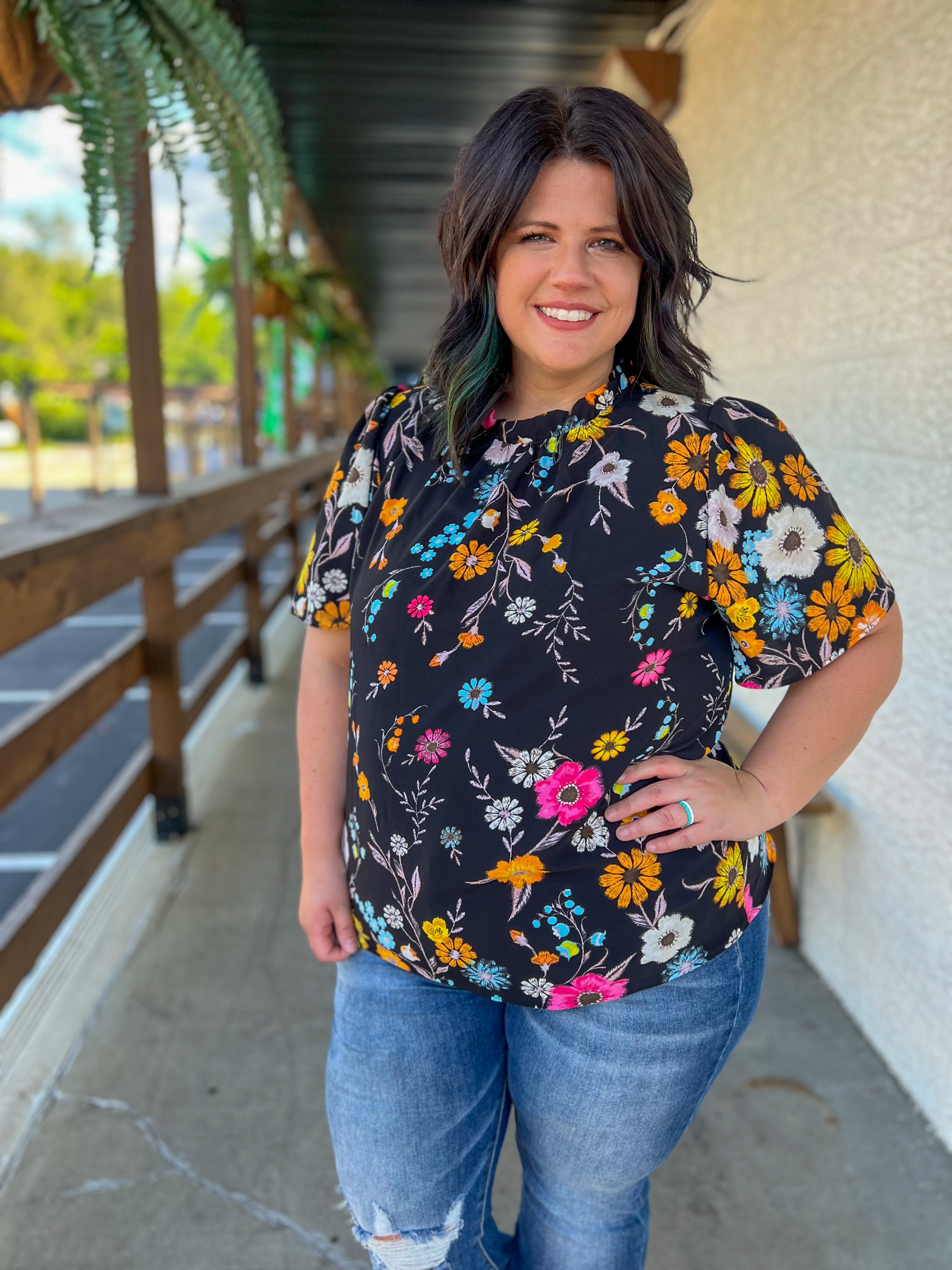 Serena Flutter Sleeve Blouse - Black Floral