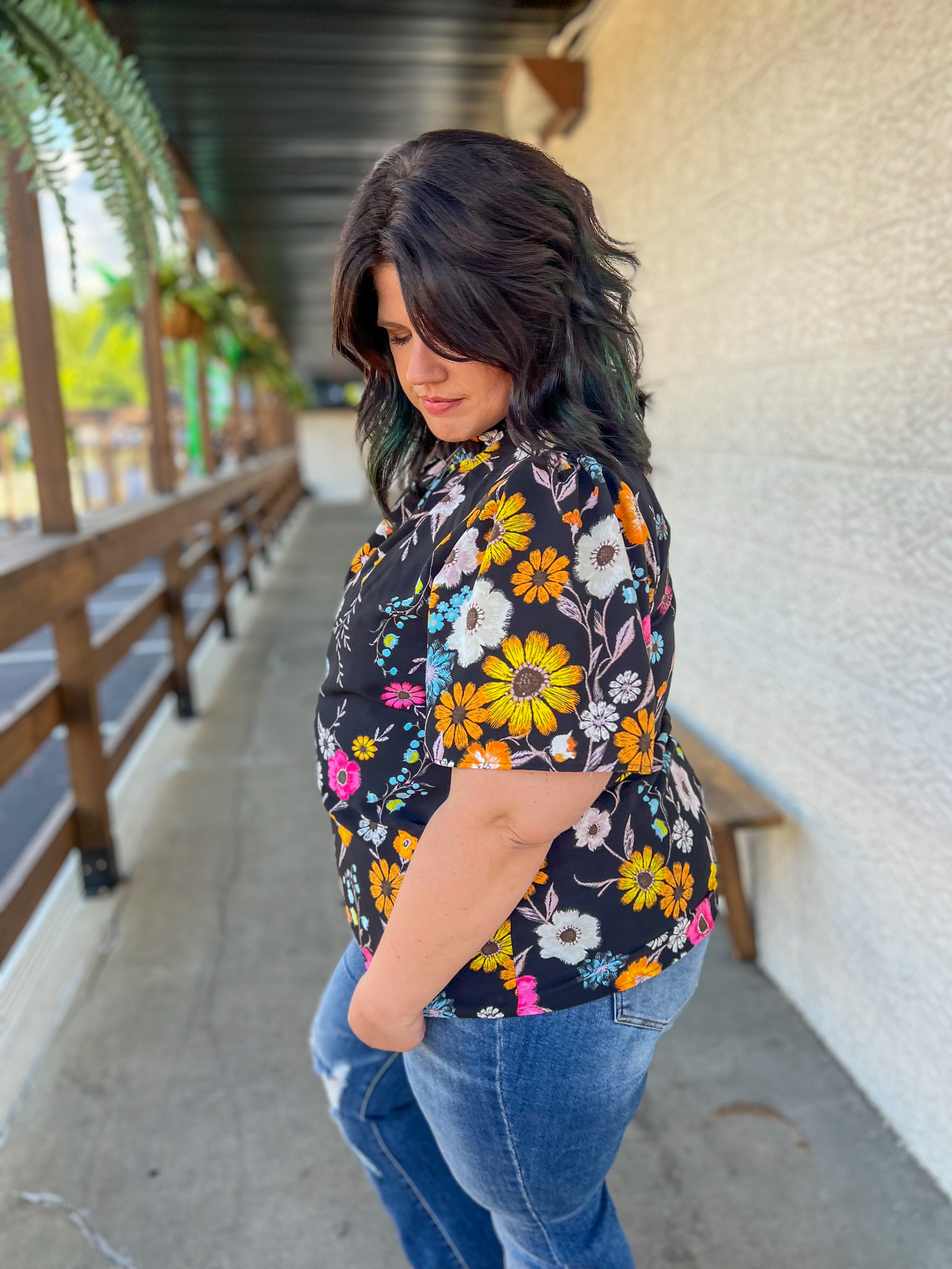 Serena Flutter Sleeve Blouse - Black Floral