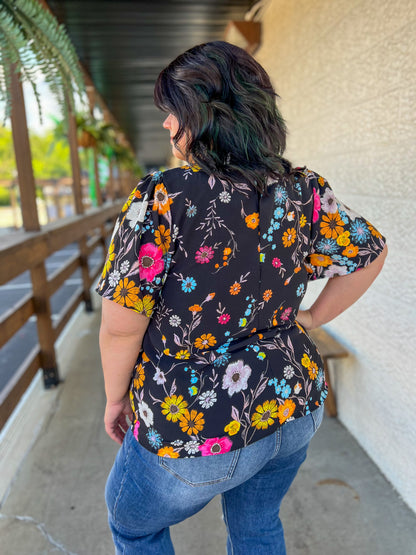 Serena Flutter Sleeve Blouse - Black Floral