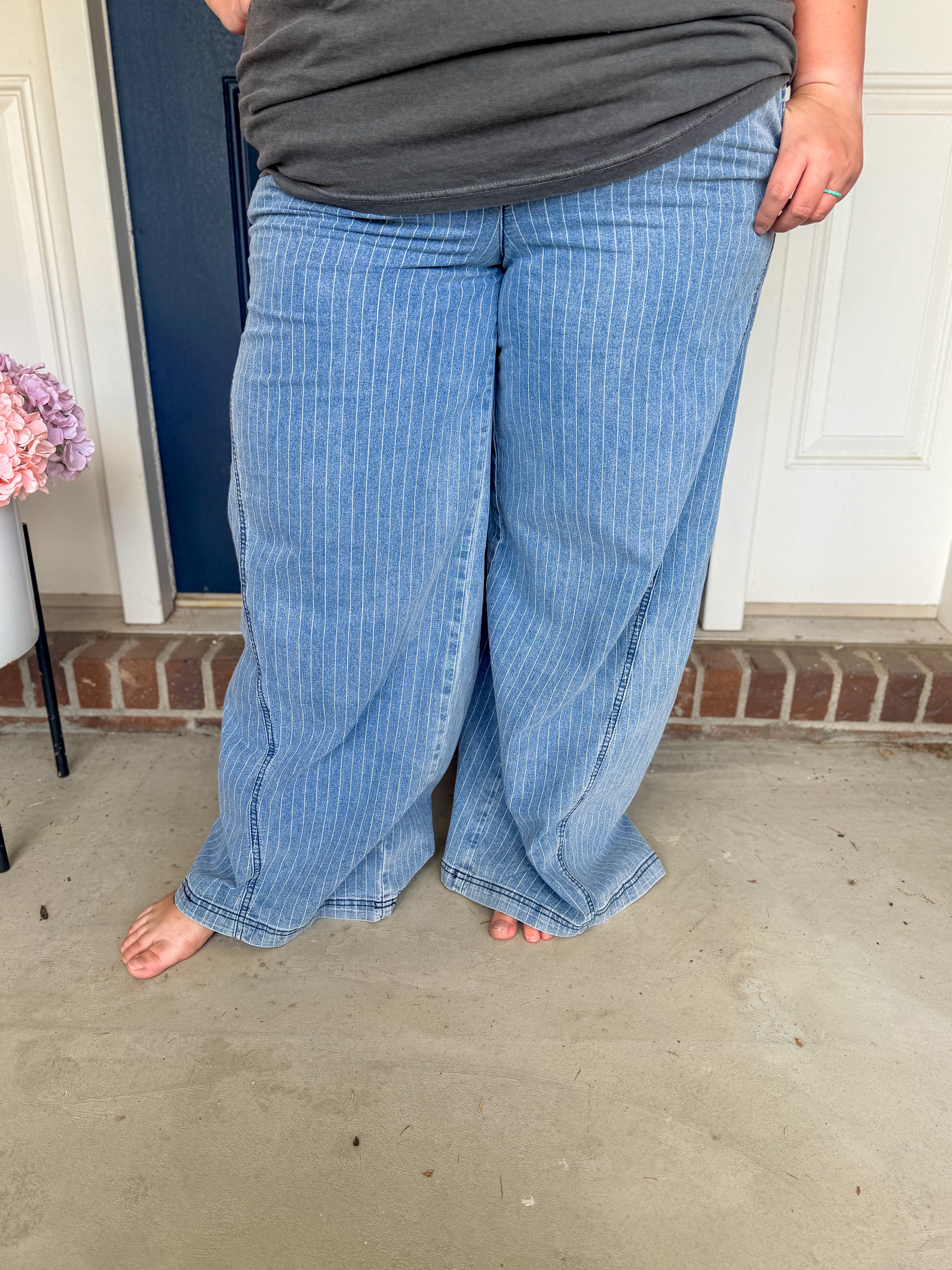 Blue Pinstripe Wide Leg Drawstring Denim Pants