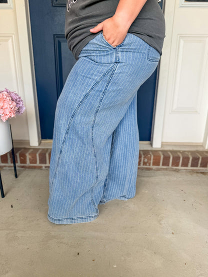 Blue Pinstripe Wide Leg Drawstring Denim Pants