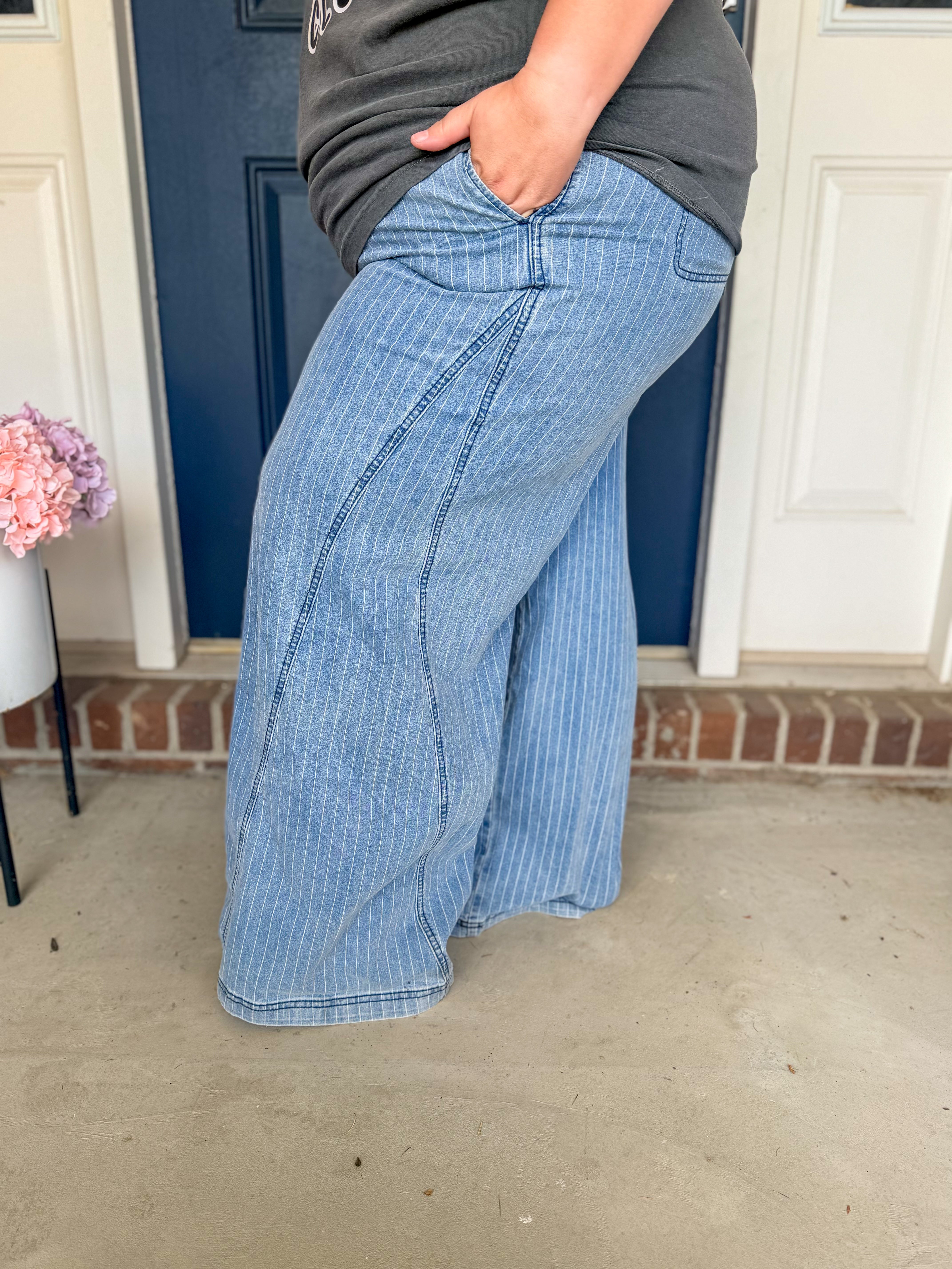Blue Pinstripe Wide Leg Drawstring Denim Pants