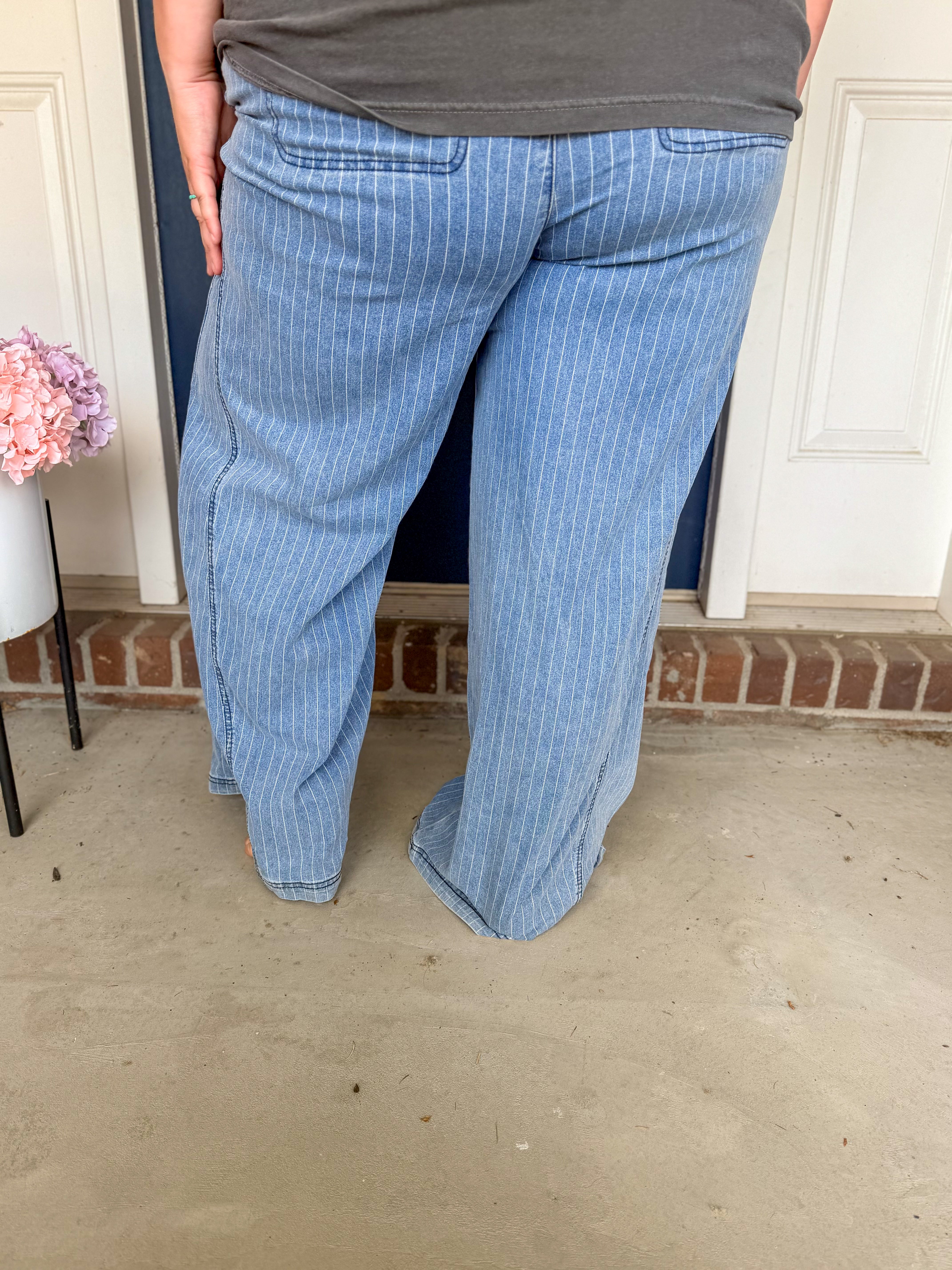 Blue Pinstripe Wide Leg Drawstring Denim Pants