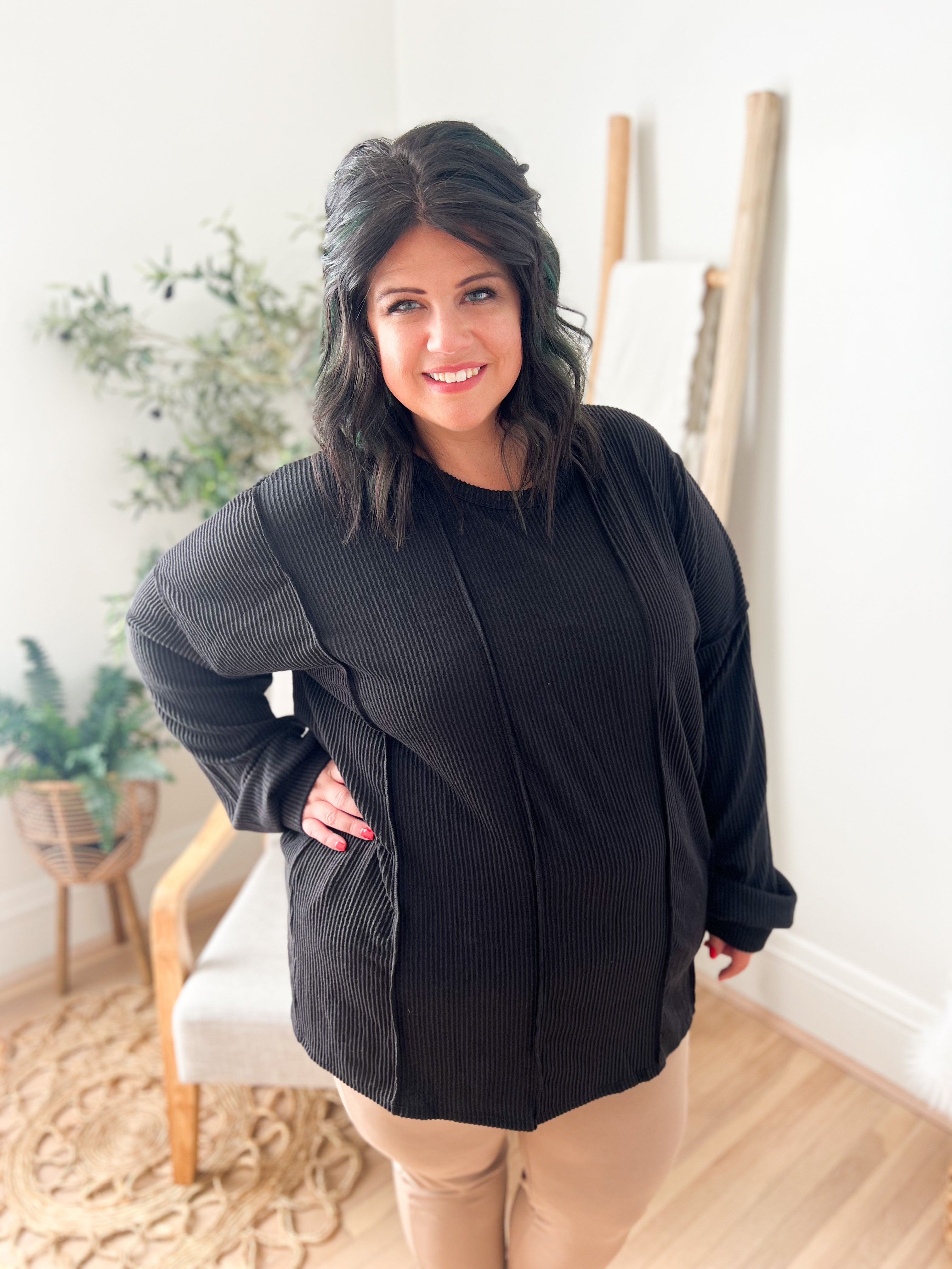 Elise Ribbed Long Sleeve Top - Black