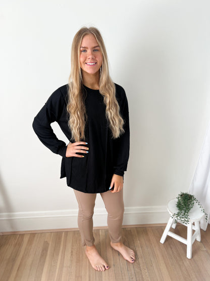 Elise Ribbed Long Sleeve Top - Black