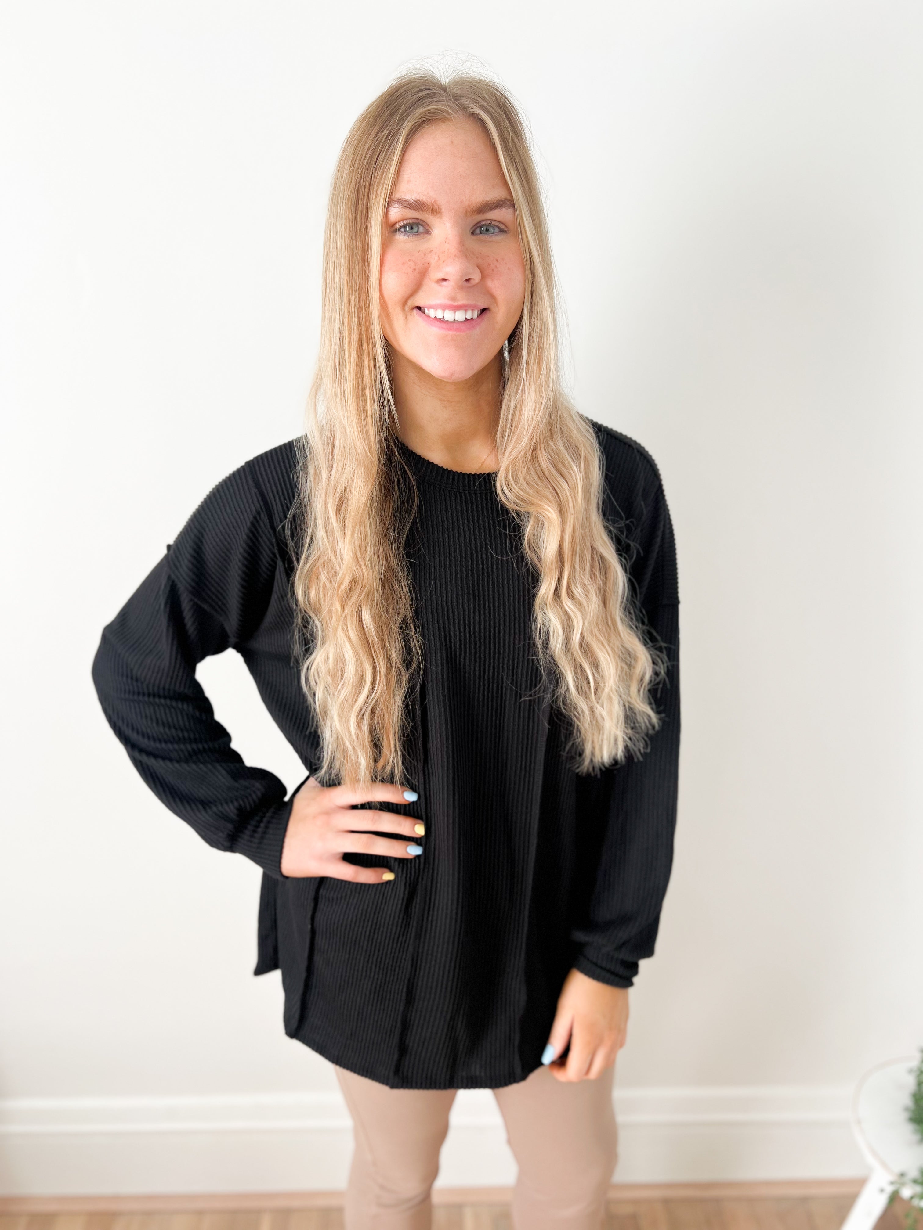 Elise Ribbed Long Sleeve Top - Black