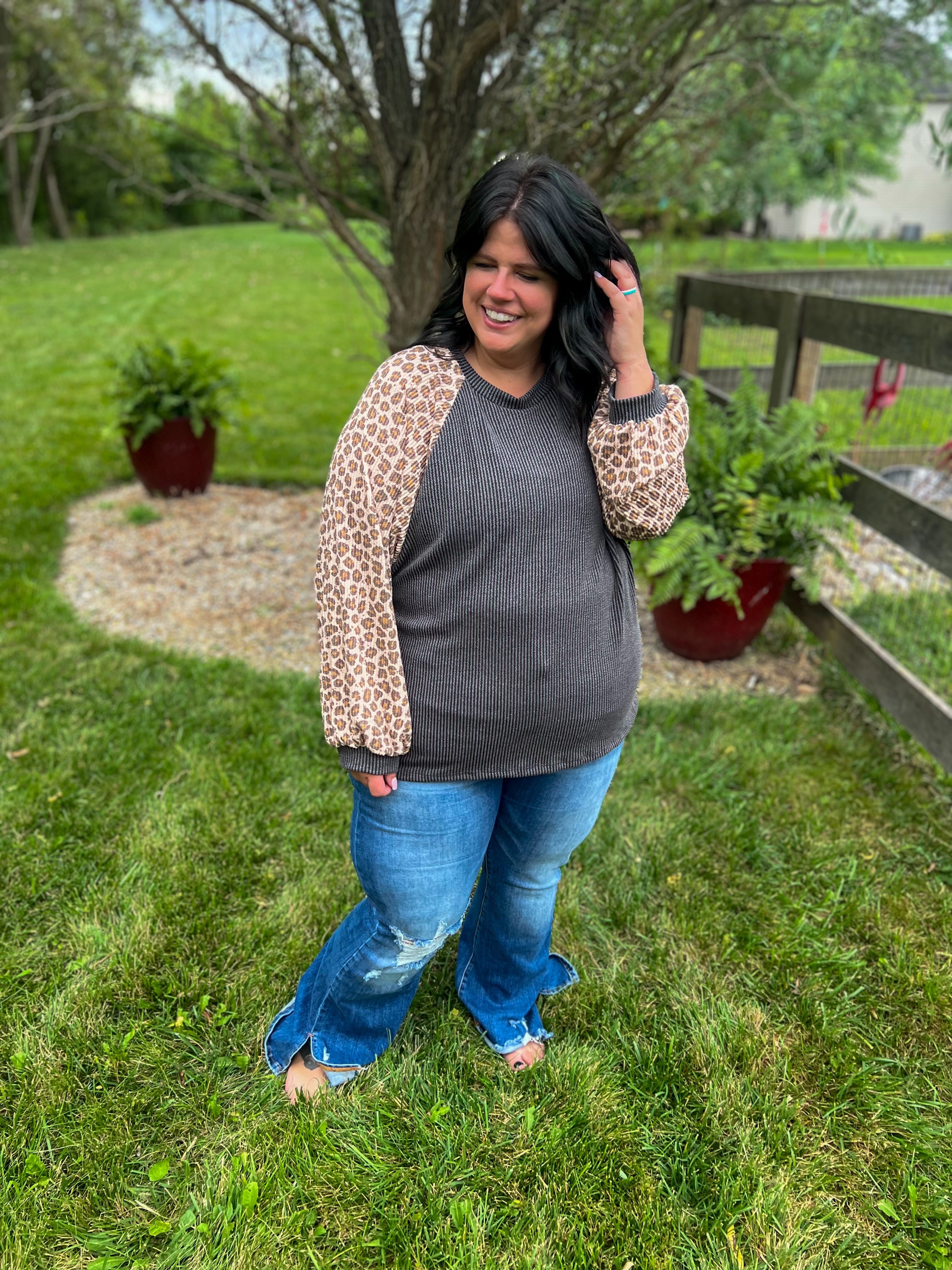 Feeling Bold Charcoal with Leopard Sleeves Top